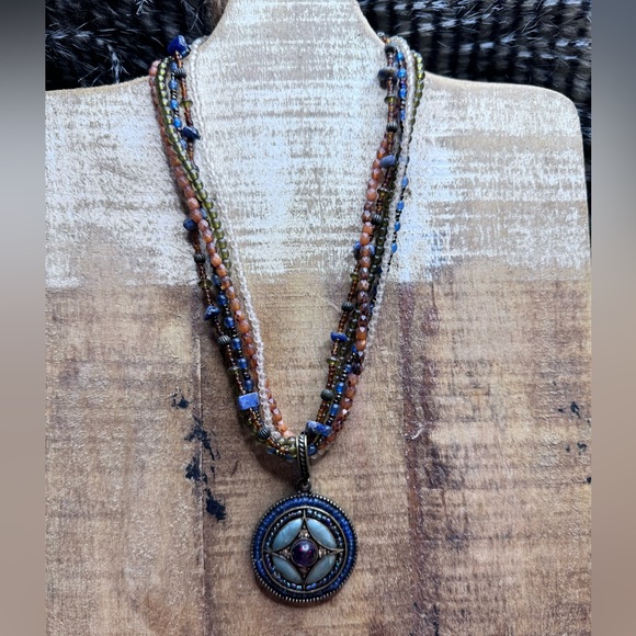 Multistrand Beaded Medallion Earthy Boho Necklace and Earring Set - Picture 2 of 8